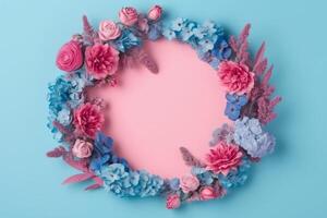 Beautiful blue and pink background with flowers and copy space. Empty space for text. Frame, backdrop. Summer, spring, blossom. Woman's or Mother's Day, Birthday. . photo