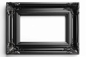 Black, empty, horizontal picture frame on white background. Frame with copy space for artwork, picture. . photo