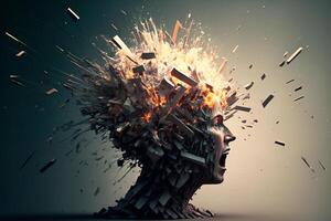 Head explosion. Headache, aggression, negative emotions concept. Losing control. Problems with mental health. Anger. . photo