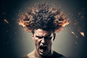 Head explosion. Headache, aggression, negative emotions concept. Losing control. Problems with mental health. Anger. . photo