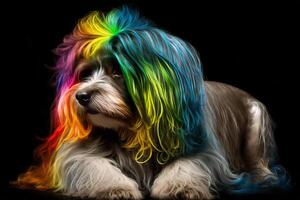 Cool and colorful dog. Rainbow colors. Diversity, tolerance, inclusion concept. Different and unique to be. Fashionable doggy. . photo