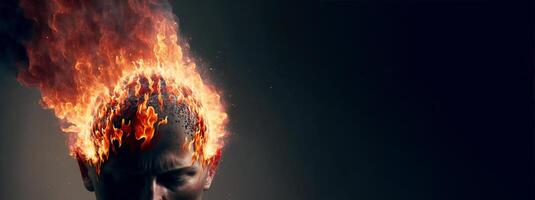 Head and fire. Headache, aggression, negative emotions concept. Losing control. Problems with mental health. Anger. Banner with copy space, black background. . photo