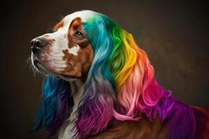 Cool and colorful dog. Rainbow colors. Diversity, tolerance, inclusion concept. Different and unique to be. Fashionable doggy. . photo