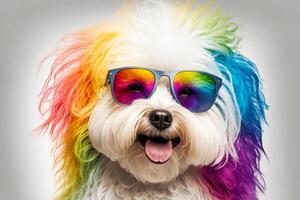 Cool and colorful dog with sunglasses. Rainbow colors. Diversity, tolerance, inclusion concept. Different and unique to be. Fashionable doggy. . photo