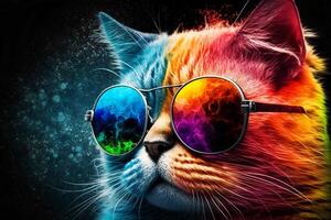 frio y vistoso gato con Gafas de sol. arco iris colores. diversidad, tolerancia, inclusión concepto. diferente y único a ser. de moda gatito. generativo ai. foto