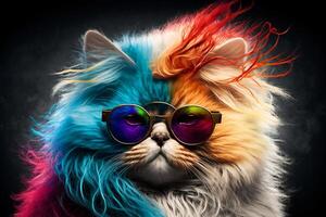 Cool and colorful cat with sunglasses. Rainbow colors. Diversity, tolerance, inclusion concept. Different and unique to be. Fashionable kitty. . photo