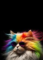 Cool and colorful cat on black vertical background with copy spce. Rainbow colors. Diversity, tolerance, inclusion concept. Different and unique to be. Fashionable kitty with sunglasses. photo