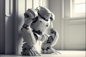 Robot in white room. Artificial intelligence, digital technology. Digital smart world metaverse. . photo