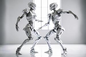 Two male robots dancing. Couple or friends. Artificial intelligence, digital technology. Digital smart world metaverse. Humanoide, cyborg. . photo