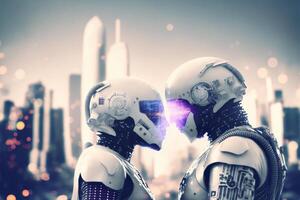 Two robots in love, a couple. Artificial intelligence, digital technology. Digital smart world metaverse. Valentine's Day. Futuristic lovers. Humanoide, cyborg. . photo