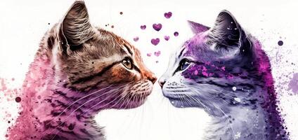 Two cats and flying hearts. Watercolor effect. Valentine's Day, love. Couple, relationship. Postcard, greeting card design. . photo