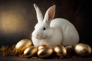 Golden Easter eggs and white rabbit on dark background. Postcard, greeting card design. Pascha, Happy Easter Day. . photo