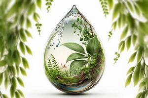 Beautiful illustration with water drop and plants isolated on white background. Nature, flora, water, growth, naturalness, life concept. Close-up view. . photo