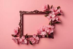 Beautiful pink background with flowers and copy space. Empty space for text. Frame, backdrop. Summer, spring, blossom. Woman's or Mother's Day, Birthday. . photo