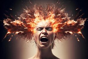 Head explosion. Headache, aggression, negative emotions concept. Losing control. Problems with mental health. Anger. . photo