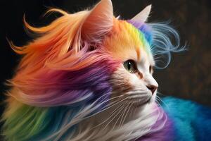 Cool and colorful cat. Rainbow colors. Diversity, tolerance, inclusion concept. Different and unique to be. Fashionable kitty. . photo