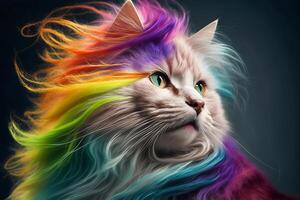 Cool and colorful cat. Rainbow colors. Diversity, tolerance, inclusion concept. Different and unique to be. Fashionable kitty. . photo