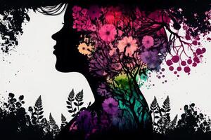 Woman silhouette with plants and flowers. Woman's Day concept. Blossom, power of women. . photo