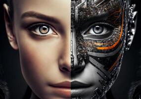 Beautiful robot-woman. Artificial intelligence, digital technology. Digital smart world metaverse. Femail robot, humanoid, cyborg. Portrait, close up view. . photo