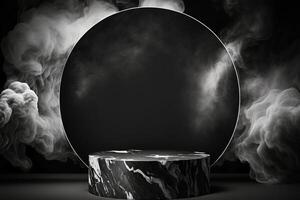 Black product presentation mock-up with smoke. Podium with copy space. Stage, display, showroom. Empty scene. . photo