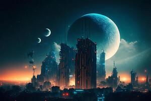 Fantasy city of the future. Futuristic world. Night view, neon lights. . photo