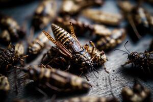 Fried edible insects. Crickets as snack, good source of protein. Entomophagy, insectivory concept. Close up view. . photo