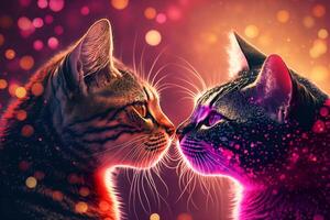 Two cats are kissing. Beautiful light, bokeh effect. Valentine's Day, love. Couple, relationship. Postcard, greeting card design. . photo