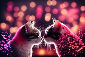 Two cats are kissing. Beautiful light, bokeh effect. Valentine's Day, love. Couple, relationship. Postcard, greeting card design. . photo