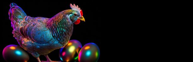 Holographic Easter chicken and eggs. Banner with copy space. Vibrant, iridescent colors. Happy Easter Day. Trendy design. . photo