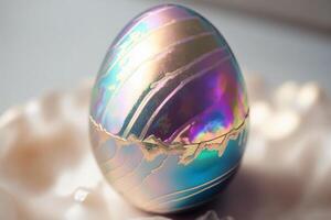 Holographic Easter egg. Vibrant, iridescent colors. Happy Easter Day. Trendy design. . photo