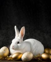 Golden Easter eggs and rabbit on dark background. Copy space. Vertical Easter backdrop. Empty space for text, advertising. Postcard, greeting card design. Pascha, Happy Easter Day. . photo