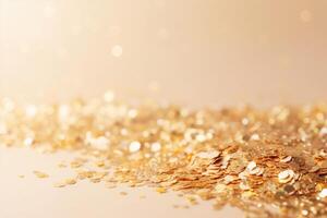Beautiful abstract background with sparkles and copy space. Golden backdrop with glitter, sequins. Celebration, festive, event. Bokeh effect. Trendy design. . photo