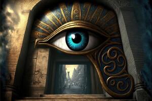 ai generado ojo de horus, miercoles ojo o udjat ojo a el Entrada a el templo de el faraones resumen antecedentes. foto