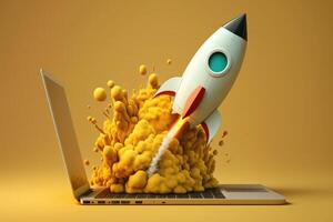 Rocket coming out of laptop screen on yellow background. photo