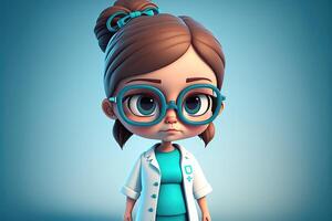 Cute young girl doctor standing on blue background. 3D cartoon style. photo