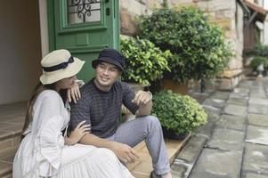 Happy Young asian couple travel at old town italy style,Honeymoon couples after marriage,Toursit concept photo