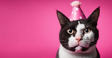 Cat having birthday. Cute pet celebrating b-day. Pink banner with copy space for text. Celebration, party concept. . photo