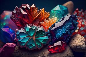 Beautiful abstract background with colorful crystals. Mysterious gemstones, minerals. Magic crystal cluster. Close-up view. . photo