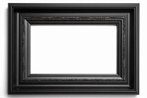 Black, empty, horizontal picture frame on white background. Frame with copy space for artwork, picture. . photo