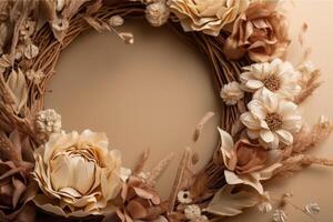 Beautiful brown background with flowers and copy space. Empty space for text. Frame, beige backdrop. . photo