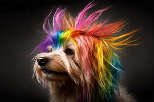 Cool and colorful dog. Rainbow colors. Diversity, tolerance, inclusion concept. Different and unique to be. Fashionable doggy. . photo