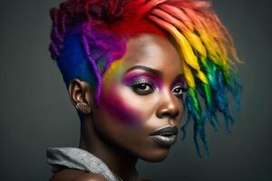 hermosa mujer con arco iris cabello. diversidad, tolerancia, inclusión concepto. diferente y único a ser. de moda persona, vistoso cerca arriba retrato. generativo ai. foto