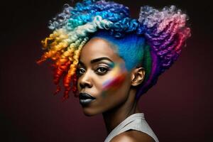 Beautiful woman with rainbow hair. Diversity, tolerance, inclusion concept. Different and unique to be. Fashionable person, colorful close up portrait. . photo