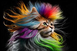 Cool and colorful cat. Rainbow colors. Diversity, tolerance, inclusion concept. Different and unique to be. Fashionable kitty. . photo