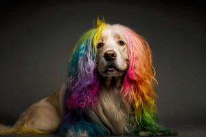 Cool and colorful dog. Rainbow colors. Diversity, tolerance, inclusion concept. Different and unique to be. Fashionable doggy. . photo