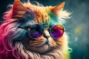 Cool and colorful cat with sunglasses. Rainbow colors. Diversity, tolerance, inclusion concept. Different and unique to be. Fashionable kitty. . photo