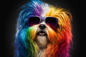 Cool and colorful dog with sunglasses. Rainbow colors. Diversity, tolerance, inclusion concept. Different and unique to be. Fashionable doggy. . photo