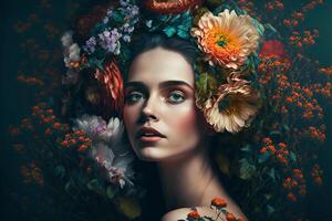 Beautiful woman with flowers. Portrait, close up view. Woman's Day concept. Blossom, power of women. . photo