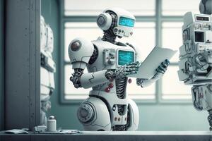 Robot is working. Artificial intelligence, digital technology. Digital smart world metaverse. Humanoide, cyborg. . photo
