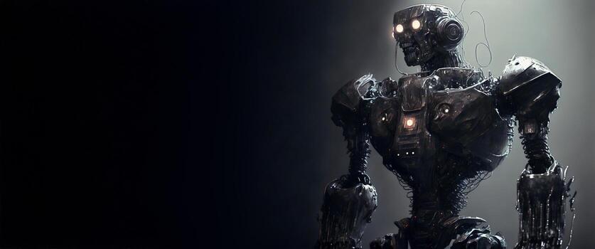 Black banner with robot and copy space for your text. Artificial intelligence, digital technology. Digital smart world metaverse. Template with empty space. Humanoide, cyborg. . photo